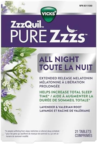 Vicks ZzzQuil PURE Zzzs All Night Extended Release, Melatonin Sleep Aid Tablets for Adults, 2 mg Per Tablet, 21 count