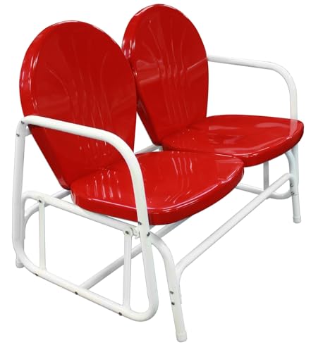 Leigh Country Retro Double Glider, Red/White, Vintage Metal Outdoor Bench for Porch/Patio/Deck