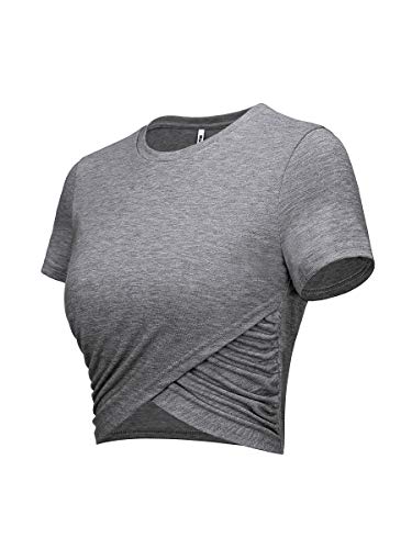 Missufe Workout Athletic Active Crop Tops Women s Short Sleeve Cropped Casual Cross Wrap Tops (Short Sleeve Grey, Large)