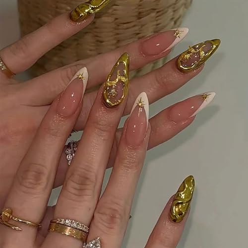 Shimmerz 24 unidades 3D Línea Dorada Curva Francesa Guirnalda Punta Larga Uñas Acrílicas Stiletto Brillo Adhesivo Flujo Dorado Diseño Y2k Shimmerz 24 unidades 3D Línea Dorada Curva Francesa Guirnalda Punta Larga Uñas Acrílicas Stiletto Brillo Adhesivo Flujo Dorado Diseño Y2k