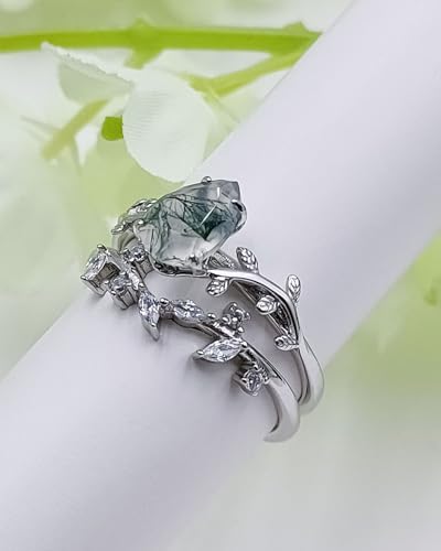 Wasee Natural Moss Agate Ring Set 925 Sterling Silver Green Moss Agate Engagement Ring Leaf Wedding Promise Ring Jewelry for Women,Ring Size 62