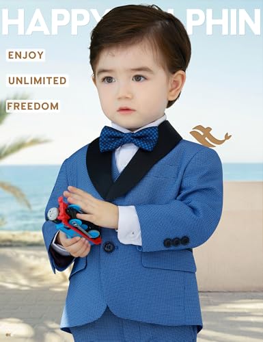 Image of Happy Dolphin Slim Fit Formal Boys Suit Set Jacket Vest Pants for Kids Wedding Ring Bearer Party
