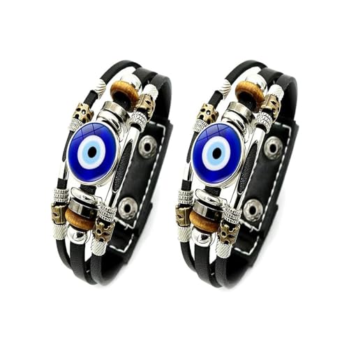 Evil Eye Leather Bracelet 2PCS, Three-Row Beads Charms Bracelet, Multi-Layer Wristband Wrap Protection Jewelry