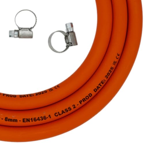 2m of LPG Gas Hose Pipe with 2 Hose Clamps - 8mm 5/16 High-Pressure Propane/Butane Pipe - 2025 Dated EN16436 Flame Retardant LPG Hosepipe for BBQ, Caravan, Heater, Camping, Stove, Gas Bottles, Cooker