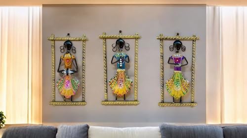 Image of SHREE 'O' GREEN TECH - Multicolor Metal Iron Musician Wall Hanging Showpiece Frame Handcrafted Rajasthani Lady Figurine Decorative Wall Mount Art for Home, Living Room Office Decor