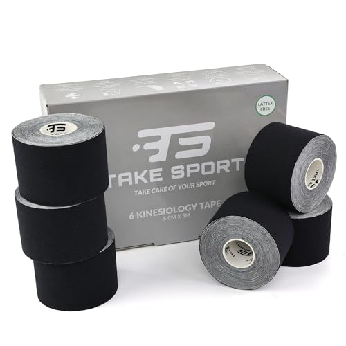 TAKE SPORT, NOVITÀ 2023! Kinesio tape, Nastro kinesiologico, Tape kinesiologico, Kinesio taping. 6 rotoli, 5 x 5m, 95% Cotone 5% Spandex, elastico. (color nero, rosa, azzurro, pelle)