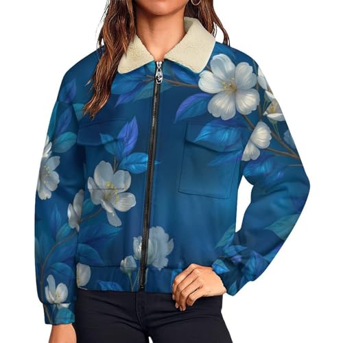 Veste polaire femme bleu foncé à motif floral élégant veste d'hiver chaude en sherpa grande taille