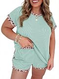 Beautife Womens Plus Size 2 Piece Short Sets Leopard Print Ribbed Knit Short Sleeve Top 2026 Summer Casual...