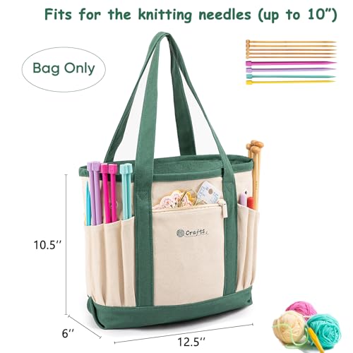 Image of MYBAGZING Canvas Yarn Storage Organizer Bag Washable Crochet Bag with Pockets for Yarn, Hooks, Needles - Travel Knitting Tote for Crafters - Gift for Crocheters & Knitters (Medium /Large)
