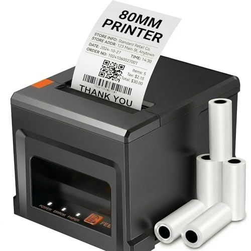 Imprimante Thermique POS 80mm | USB & Bluetooth pour Android/Win | Coupe Automatique 300mm/s | 5 Rouleaux Inclus | Pour Restaurant/Commerce