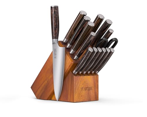 Yatoshi 15 Piece Knife Block Set - Pro Kitchen Knife Set Ultra Sharp High Carbon Stainless Steel with Ergonomic Handle