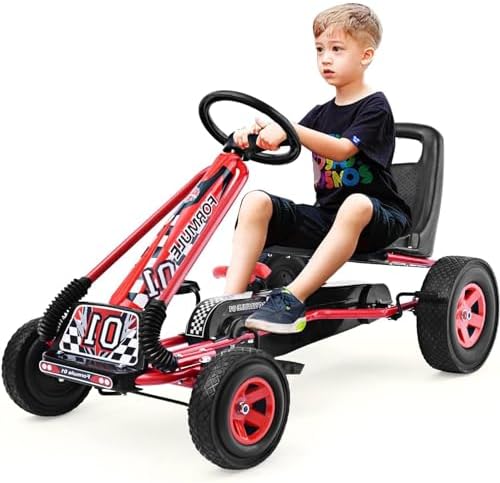 DORTALA Go Kart for Kids 4 Wheels Off Road Pedal Powered Go Kart 2 Position Adjustable Bucket Seat Safety Brake EVA Rubber Tire Outdoor Ride On Racer Pedal Car for Boys & Girls (Red)