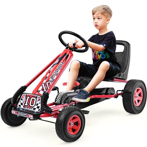 DORTALA Go Kart for Kids 4 Wheels Off Road Pedal Powered Go Kart 2 Position Adjustable Bucket Seat Safety Brake EVA Rubber Tire Outdoor Ride On Racer Pedal Car for Boys & Girls (Red)