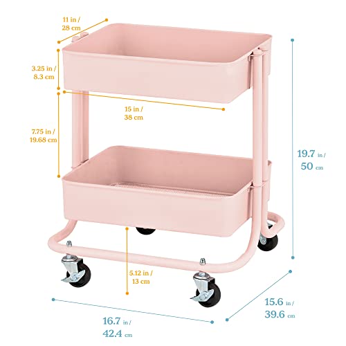 Ecr4Kids 2-Tier Metal Rolling Utility Cart - Under Desk Office Storage, Multipurpose Mobile Organizer, Pink #TOP1