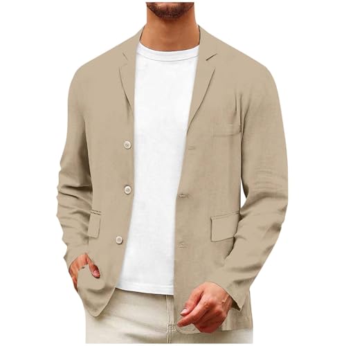 Mens Cotton Linen Blazers Lightweight Button Down Notched Lapel Sport Coats Button Down Work Office Suit Jacket