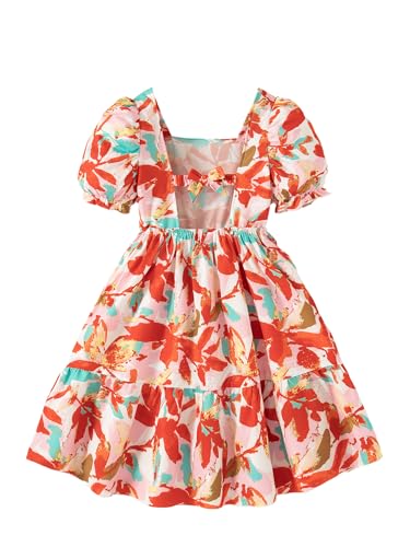 Girls Dresses Square Neck Puff Short Sleeve Floral Print Casual Dress for 8-12 Years2