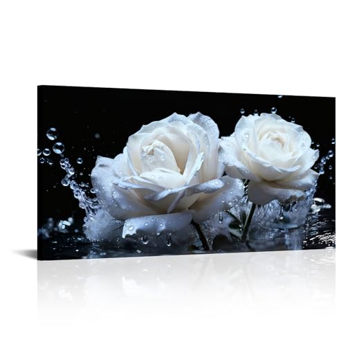Sechars White Roses With Water Droplets Wall Art