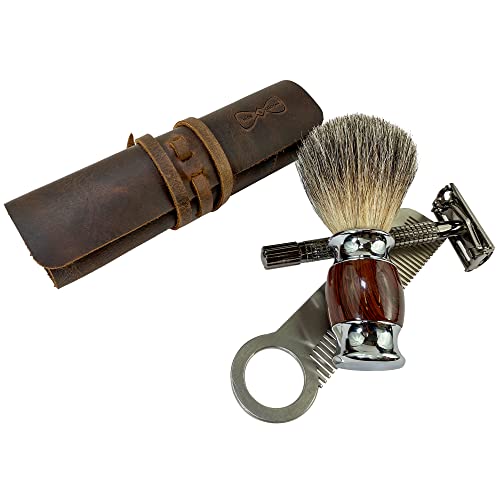 Hide & Groom, Shaving Brush Roll Handmade from Full Grain Leather (Brush Not Included) - Hygiene Organizer, Minimalist Style, Personal Care, Travel & Grooming Essentials - Bourbon Brown - Thumbnail 5