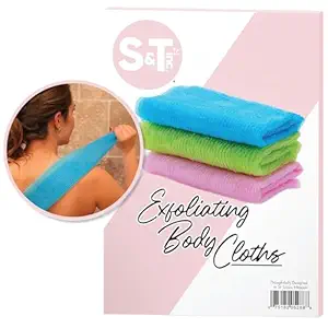 S&T INC. Back Scrubber for Shower, Exfoliating Body Scrubber or Bath Exfoliating Towel for Skin Care, 11.8 Inches x 35.4 Inches, Assorted Pink, 3 Pack