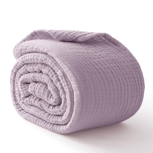 Image of 100% Cotton Muslin Blanket Queen 90 inch x 90 inch, 6 Layers Breathable and Lightweight Cotton Throw Blanket for Bed, Soft Quilt Bedspread Coverlet, Gauze Blanket for Adults All Season, Lavender