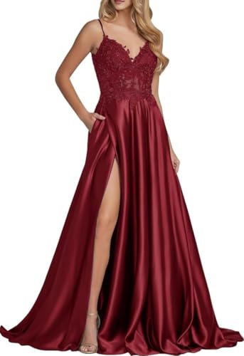 Robe de demoiselle d'honneur en satin avec appliques en dentelle et fente chic ZMKI697