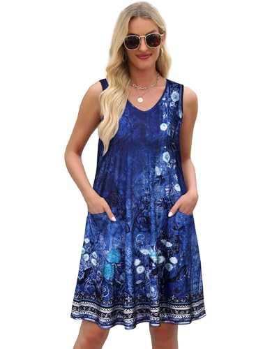 Image of elescat Womens Summer Dresses Casual V Neck Sleeveless Pockets Beach Loose Tank Sundress 2026