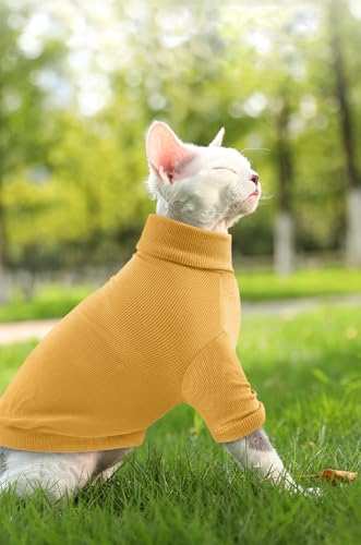 Idepet Sphynx Cat Shirt,Hairless Cats Cotton Clothes Turtleneck Sweater Breathable Pullover Kitten Apparel Adorable Vest Pajamas Jumpsuit for Cat and Small Dogs (X-Small, Yellow) - Thumbnail 5