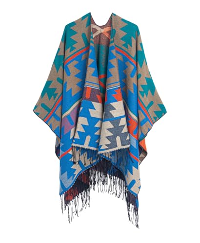 DiaryLook Bedruckter Damen-Poncho mit Schal, modisch, vorne offen, Quasten Boho Türkis, Einheitsgröße