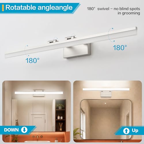 Image of SOLFART Bathroom Vanity Light 40-Inch: 5CCT Dimmable Brushed Nickel Led Bathroom Light Fixtures Over Mirror Adjustable Head Retractable Arm ETL
