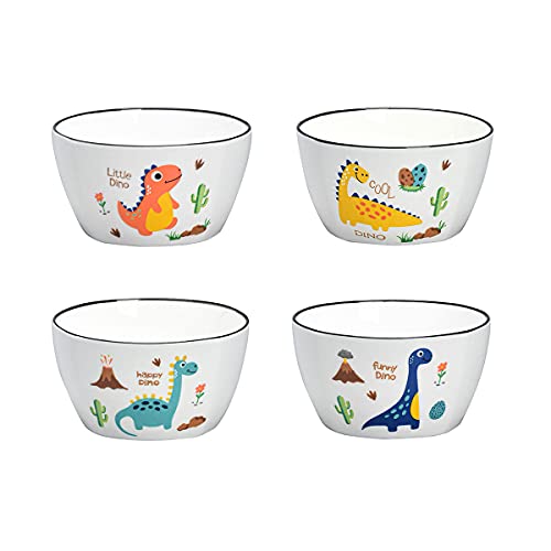 Bicuzat Set di 4 ciotole da zuppa in ceramica con dinosauro in stile cartone animato, 11,4 cm, per insalata e gelato, per ragazzi e ragazze