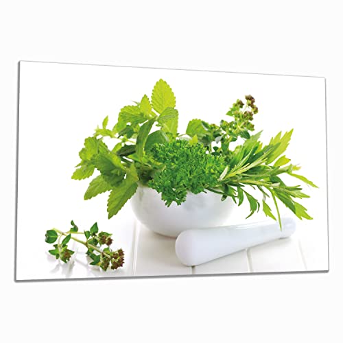 Wallario Herdabdeckplatte/Spritzschutz aus Glas, 1-teilig, 80x52cm, für Ceran- und Induktionsherde, Welt der Kräuter - Verschiedene Kräuter in einem weißen Mörser