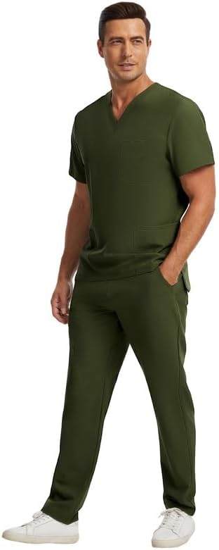 Kitmaz Men's Scrub Set - V-Neck Top & Straight Pants with 12 Pockets, 4-Way Stretchy Breathable Wrinkle Resistant