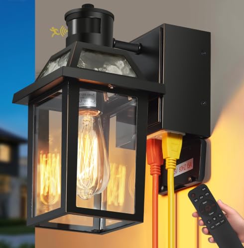Porch Lights with GFCI Outlet with Remote Dusk to Dawn Outdoor Lights Upgraded 4 Lighting Modes Exterior Light Fixture Waterproof Outside Lights for House Front Door Patio Garage Black 1 Pack