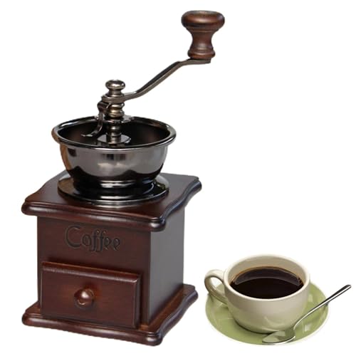 Molinillo de café manual – Wooden Antique Coffee Bean Mill | Manivela de hierro fundido a mano ajustable de malla de rebaba estilo vintage para decoración de cerveza en el hogar regalo