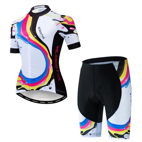 Cycling Jersey Women Set Short Sleeve Set Girls Padded Bike Shorts Clothing Suit Stripe White XL