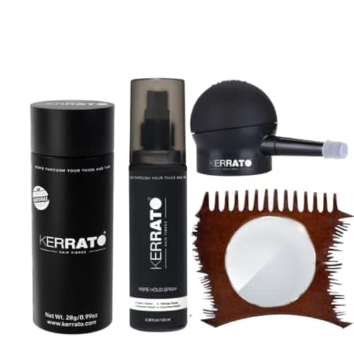 Image of Kerrato Hair Fibres 28g (NATURAL BLACK) with Fibre Hold Spray (100ml), Optimizer Comb, and Pump | Confidence Kit for Fuller, Natural-Looking Hair | Hair Fiber Combo Kit