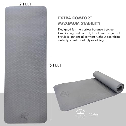 Image of VIXEN Yoga Mat Premium 10 MM TPE I Non Slip Yoga Mat For Women and Men | Sweat Absorbent | Extra Thick, Long & Wide Premium Exercise Mat with Yoga Strap | Anti-Slip & Anti-Tear Ideal for Yoga (Grey)