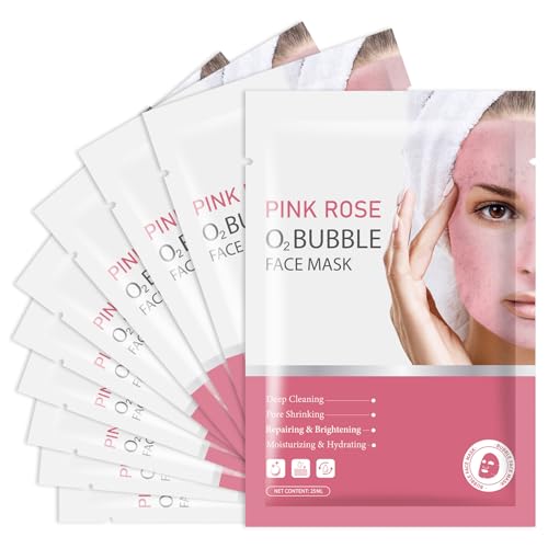 IREV Pack of 10 Pink Rose O2 Bubble Face Masks Skincare Spa Presents for Women Bubble Face Sheet Mask Cleaner Foaming Purifying Facial Mask for Acne and Pores Moisturizing Beauty Sheet Masks