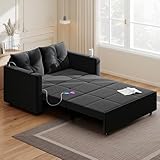 Krcix 3 in 1 Pull Out Couch, 56 Inch Velvet Sofa Bed, Convertible Loveseat Sleeper Sofa for Living Room, Small Space, Upholstered Couch Bed with USB, Cup Holder(Black)