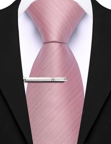 Image of Barry.Wang Mens Ties Solid Color Pink Striped Extra Long Silk Woven Necktie and Tie Clip Set Formal Business Wedding