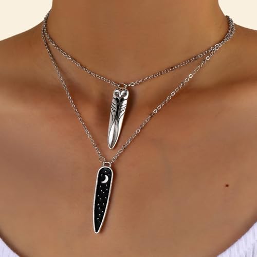 Lucky Silver Owl Necklace,Oxidized Vintage Owl Pendant with Moon and Stars,Retro Owl Moon Clavicle Chain,Halloween Animal Pendant Necklace Jewelry Christmas Gifts2