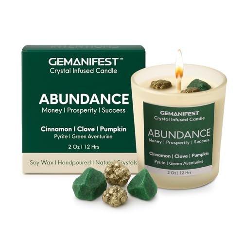 Gemanifest Prosperity Manifestation Abundance Crystal Candle Real Pyrite and Green Aventurine Pumpkin Spice Soy Candle Valentines Gift for Her/Him Womens Wealth Growth and Success