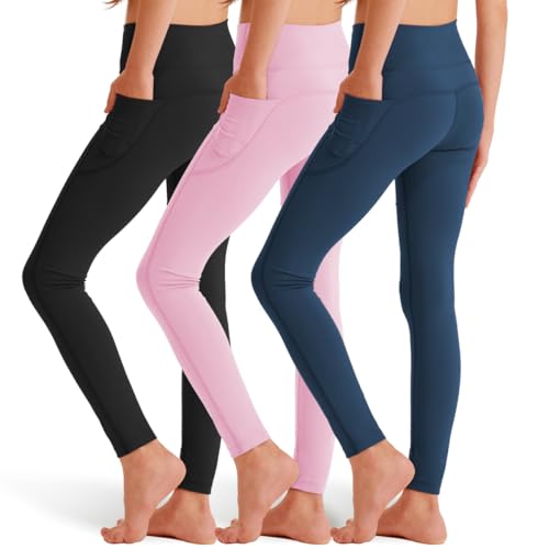 SKIDREAM Meninas Pacote Com 3 Leggings Femininas Com Bolsos, Calças Esportivas De Ioga Na Altura Do