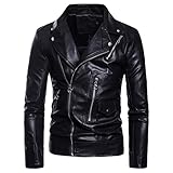 WKNBEU Herren Retro Fashion Cross Zip Brando Biker Motorrad Lederjacke Classic Police Style Kunstleder Motorradjacke,Black-M