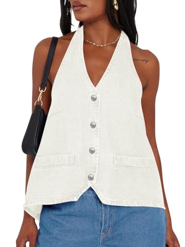 Image of Tankaneo Womens Halter Denim Vest Tops Summer Sleeveless Open Back Y2K Going Out Jean Tank Tops V Neck Button Up Waistcoat