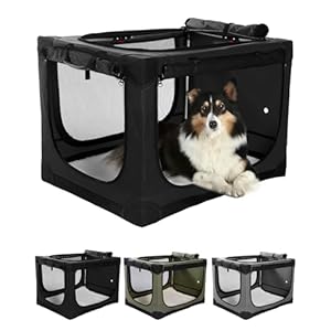 24 Inch Collapsible Travel Dog Crate for Medium Large Dogs, Portable Dog Crate 4-Door Foldable Soft Kennel with Durable Mesh Windows for Indoor & Outdoor Travel, with Storage Bag,Black