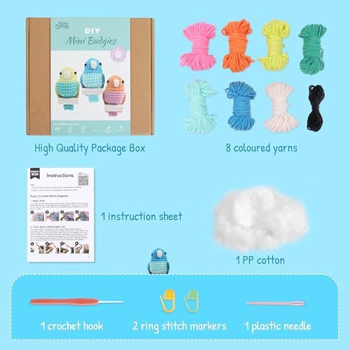 Image of HOUSE CREATIVITY Crochet Kit for Beginners, Make 3 Mini Budgie Birds, Amigurumi Crochet Starter Kit with Step-by-Step Video Tutorial, Yarn, Hook, Eyes & Stuffing, DIY Craft Kit Gift for Adults
