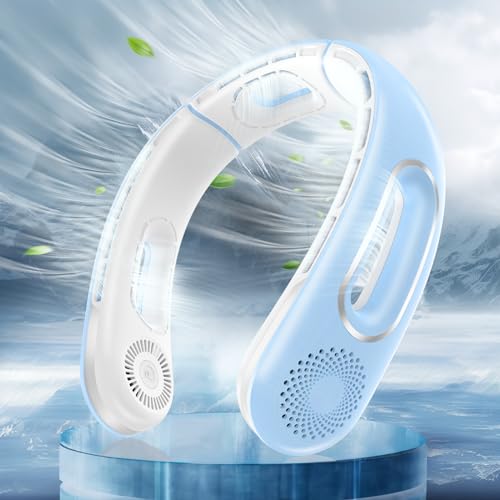 Dnenellr Ventilador de Cuello, Ventilador Portátil Cuello 5200mAh USB Recargable, Diseño de Excavación de Agujeros, Ventilador de Cuello Colgante Sin Hojas con 4 Velocidades Para Deporte Oficina Hogar