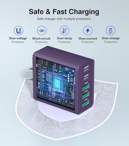 Image of [2-Pack] USB C Wall Charger, 50W Charger Block 5-Port PD Fast Charging Blocks,Multiport 2USB C+3USB A Plug,Type C Power Adapter Brick Cube for iPhone 17 /16 /15 /14 /13 /Pro,Samsung,for Switch（Purple）
