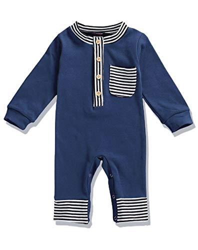 Baby Boys Girl Jumpsuit, Button Striped Romper Long Sleeve Newborn Pajamas Outfits One Piece Infant Fall Winter Clothes Set Unisex (Blue-Stripe Pocket Jumpsuit, 6-9 Months)